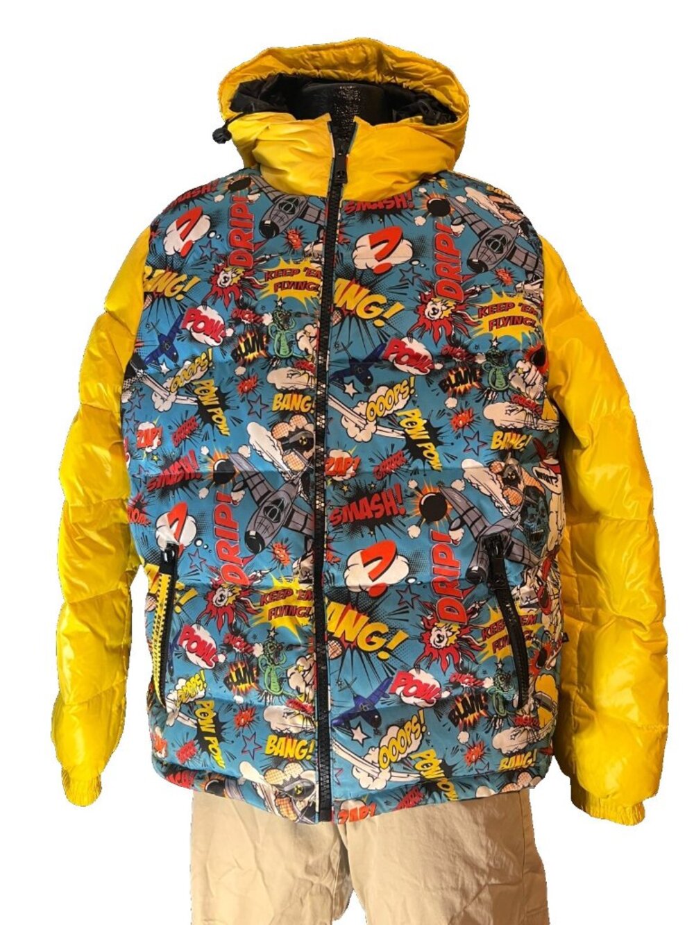 Top Gun Mens 3XL Puffer Jacket Yellow Comic Book Pop Art Heavy Parka Big & Tall